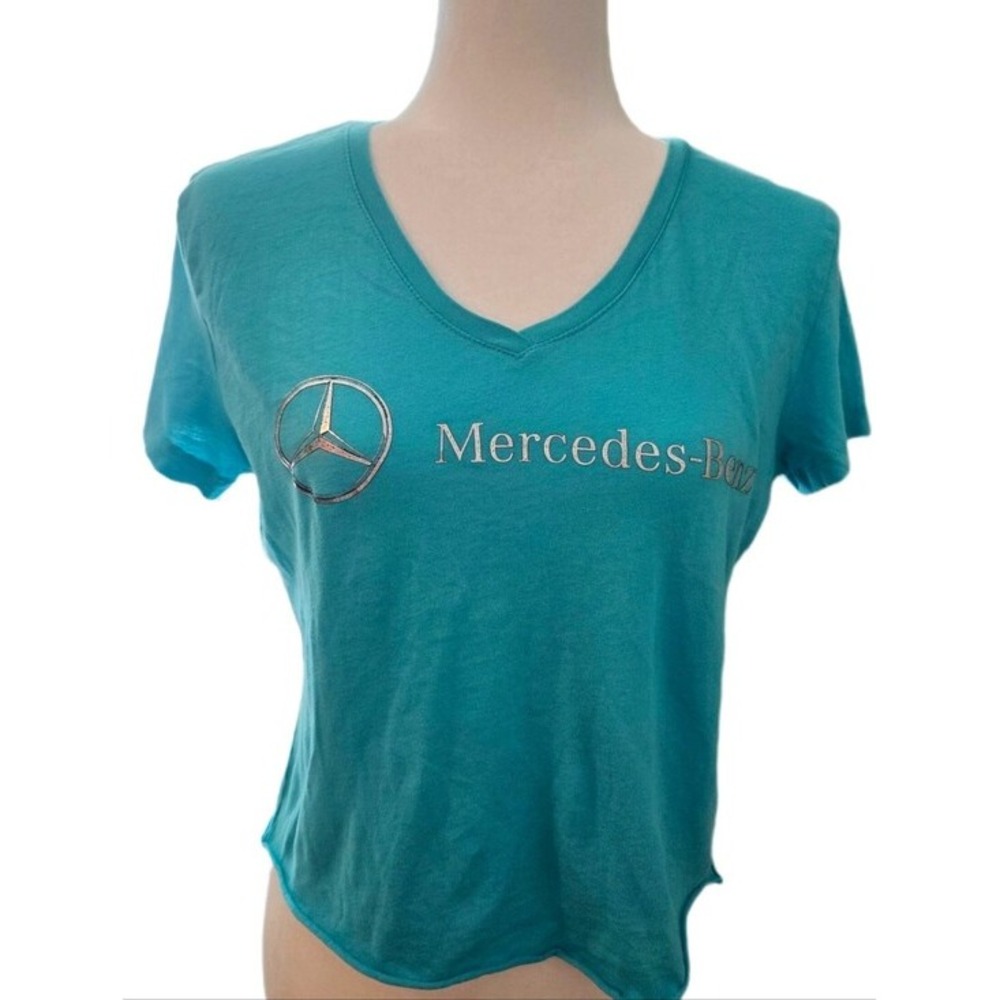 Mercedes Benz Womens V-Neck T-Shirt XL Blue Silver Logo Graphic Cotton Baby Tee
